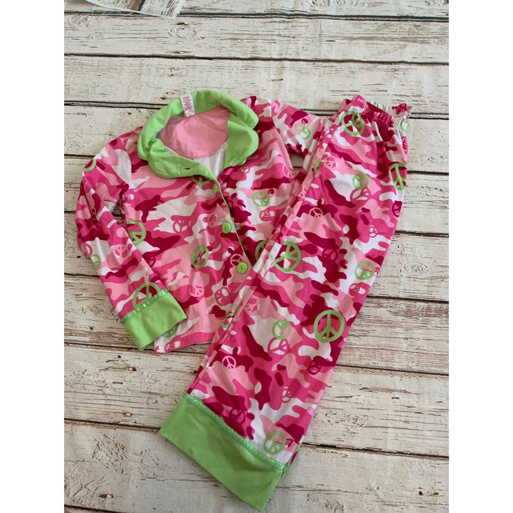 SO Girls Pink Camo Peace Sign Pajama Set Fleece Button Down Sleepwear Size 7